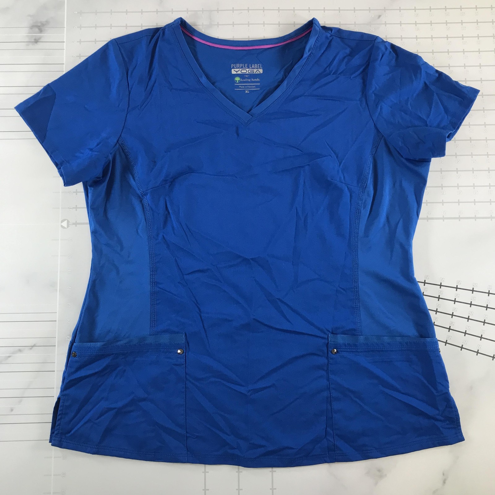 Healing Hands Shirt Womens XL Blue V Neck Short Sleeve Scrub Purple Label Yoga