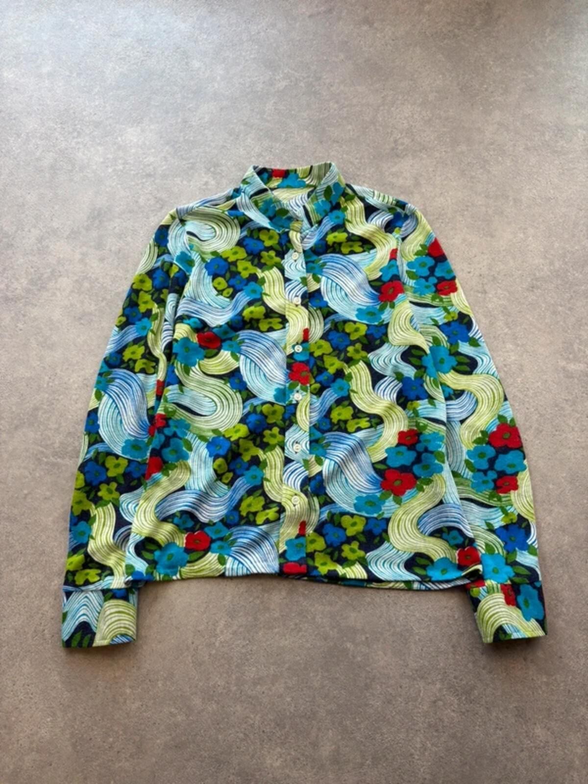 Vintage 1970s Blouse Womens Medium Floral Psychedelic Long Sleeve Retro Mod