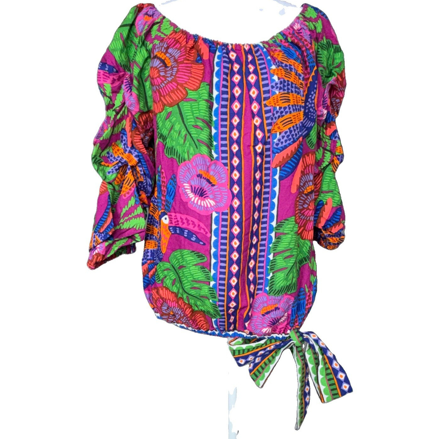 CeCe Women Regular M Multicolor Floral Off-Shoulder 3/4 Ruffle Tie Blouse
