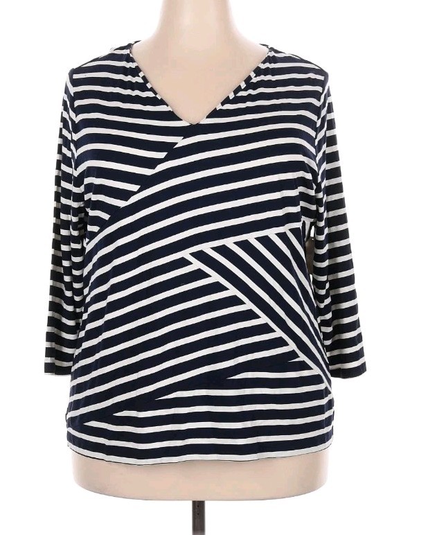 NWT $69 Talbots 2X Rayon Striped 3/4 Sleeve V-Neck Stretch Top Pullover