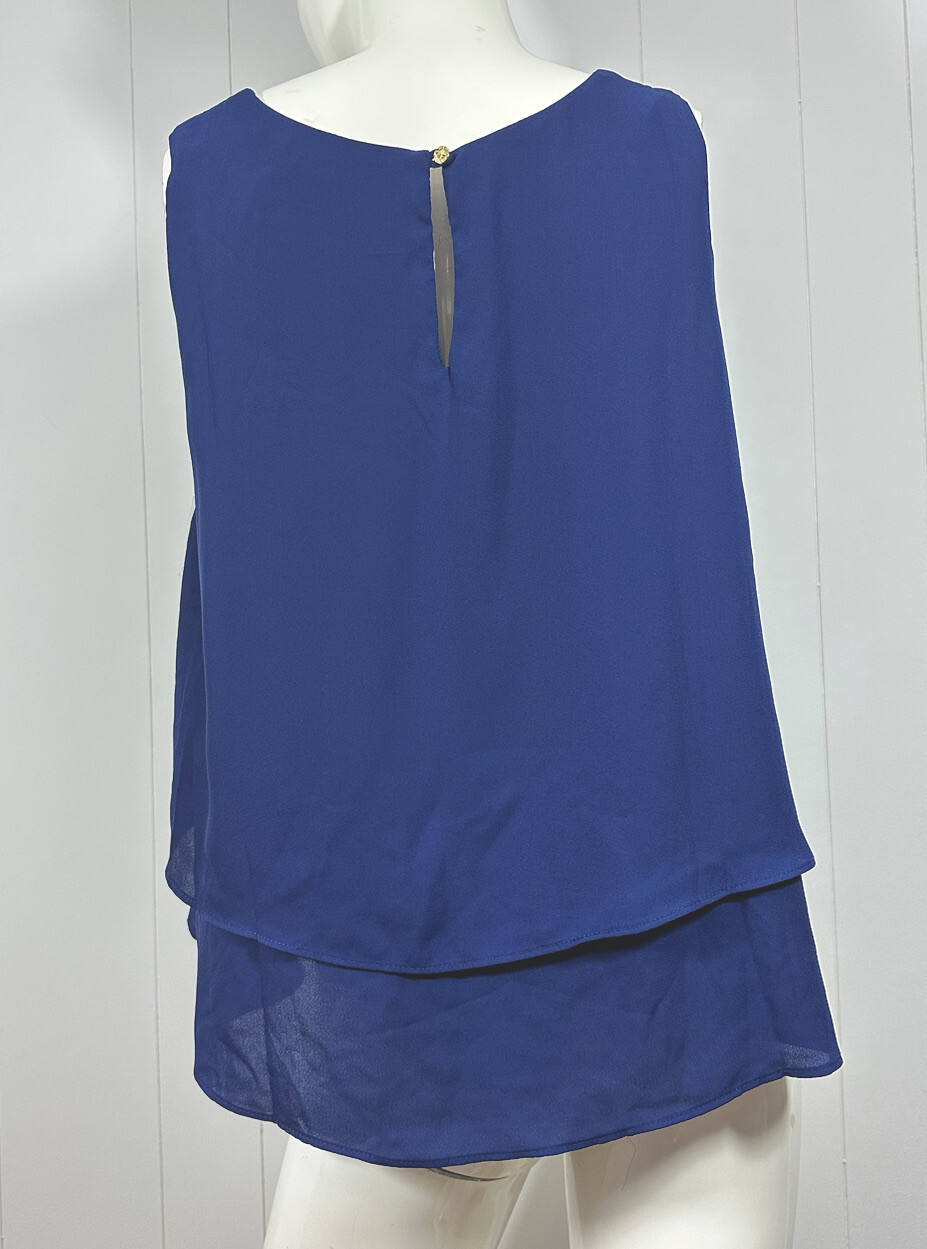 NWT STELLA LUCE Womens Navy Lined Slit Back Layered Sleeveless Top Blouse Sz M