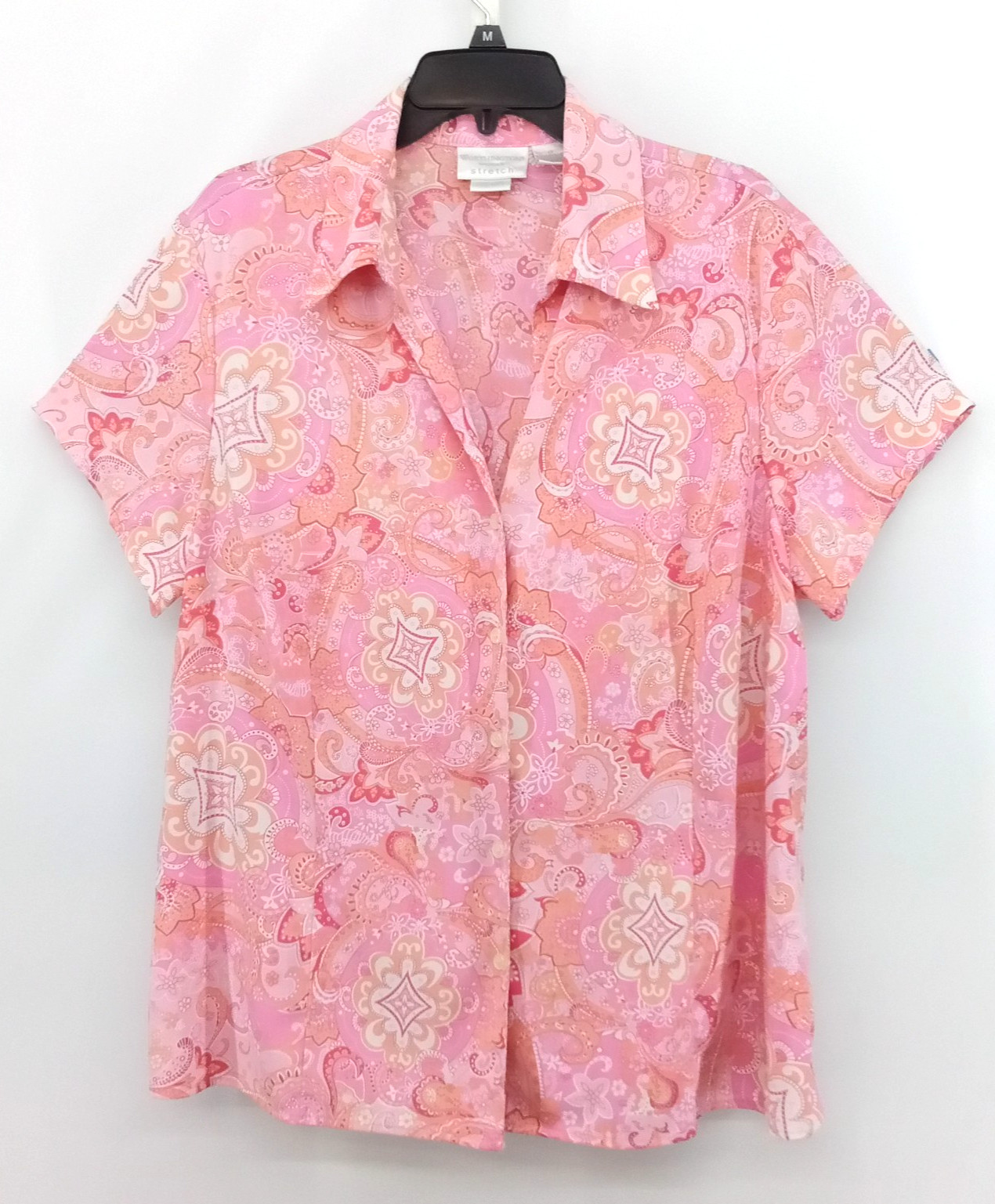 Worthington Easy Care Blouse Women Size 1X Pink Paisley Short Sleeve Button Up