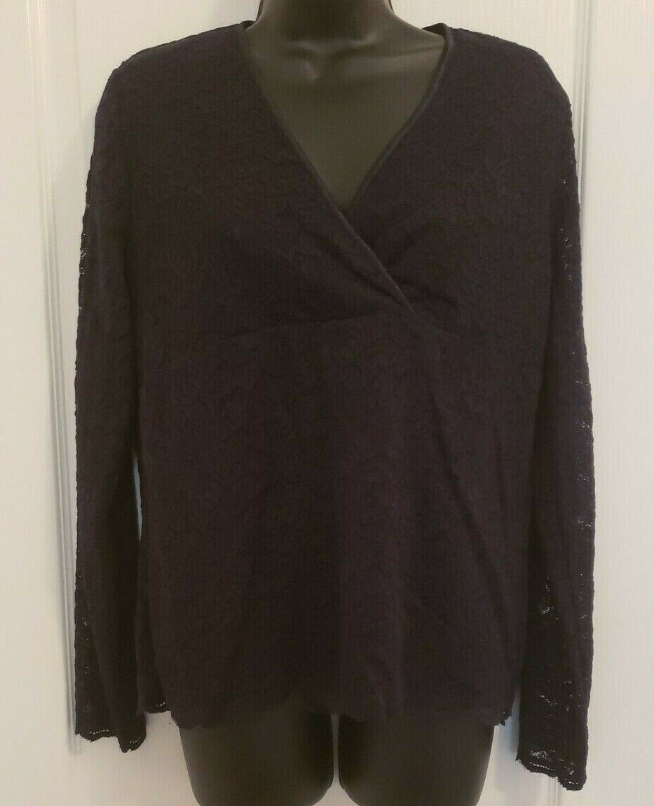 Emma James Blouse Sz Large Navy Blue Long Sleeve Lace Overlay V-Neck