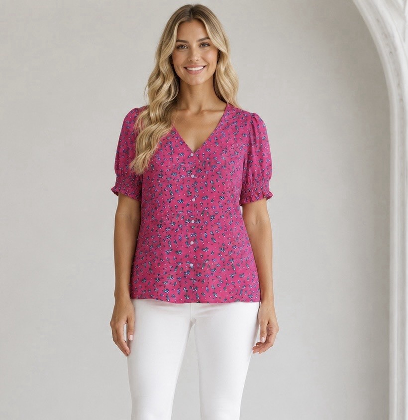 Womens Pink Floral Puff Sleeve Top Size Large V Neck Lightweight Summer Chic
