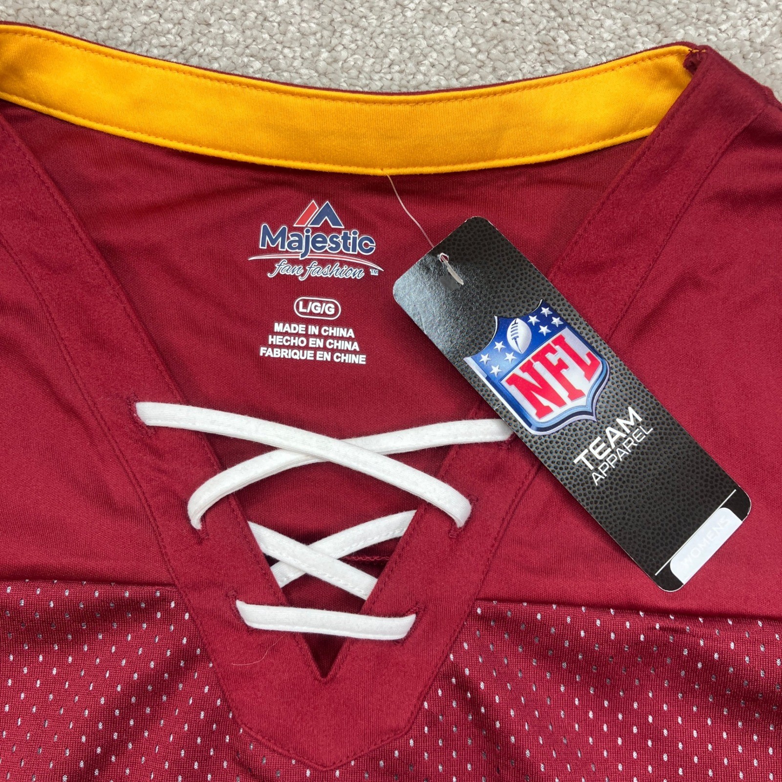 NEW Majestic Women Large Jersey Burgundy Washington Redskins Lace Up V-Neck Mesh