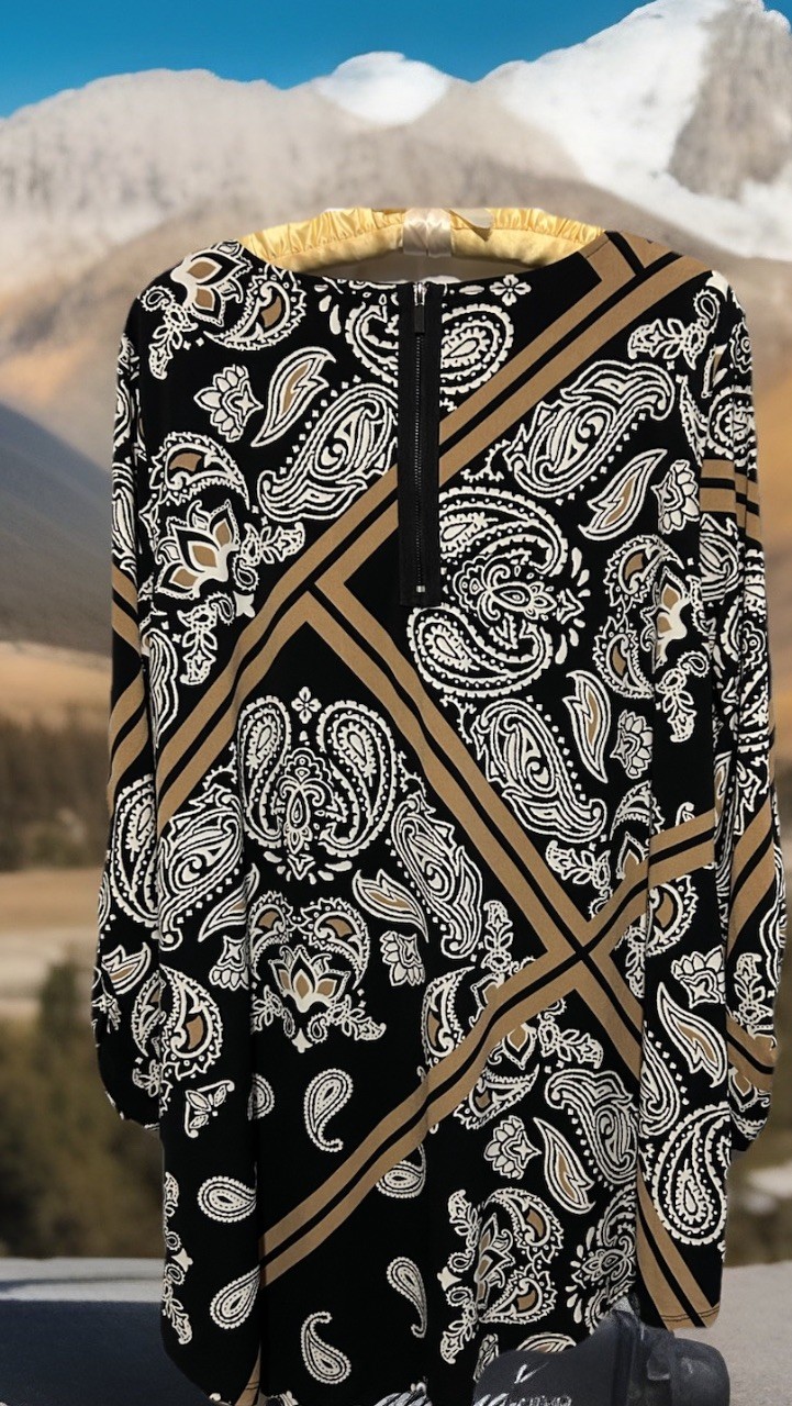 Alfani Top L Black Gold Paisley Stretch Knit Sharkbite Hem Tunic Shirt Blouse