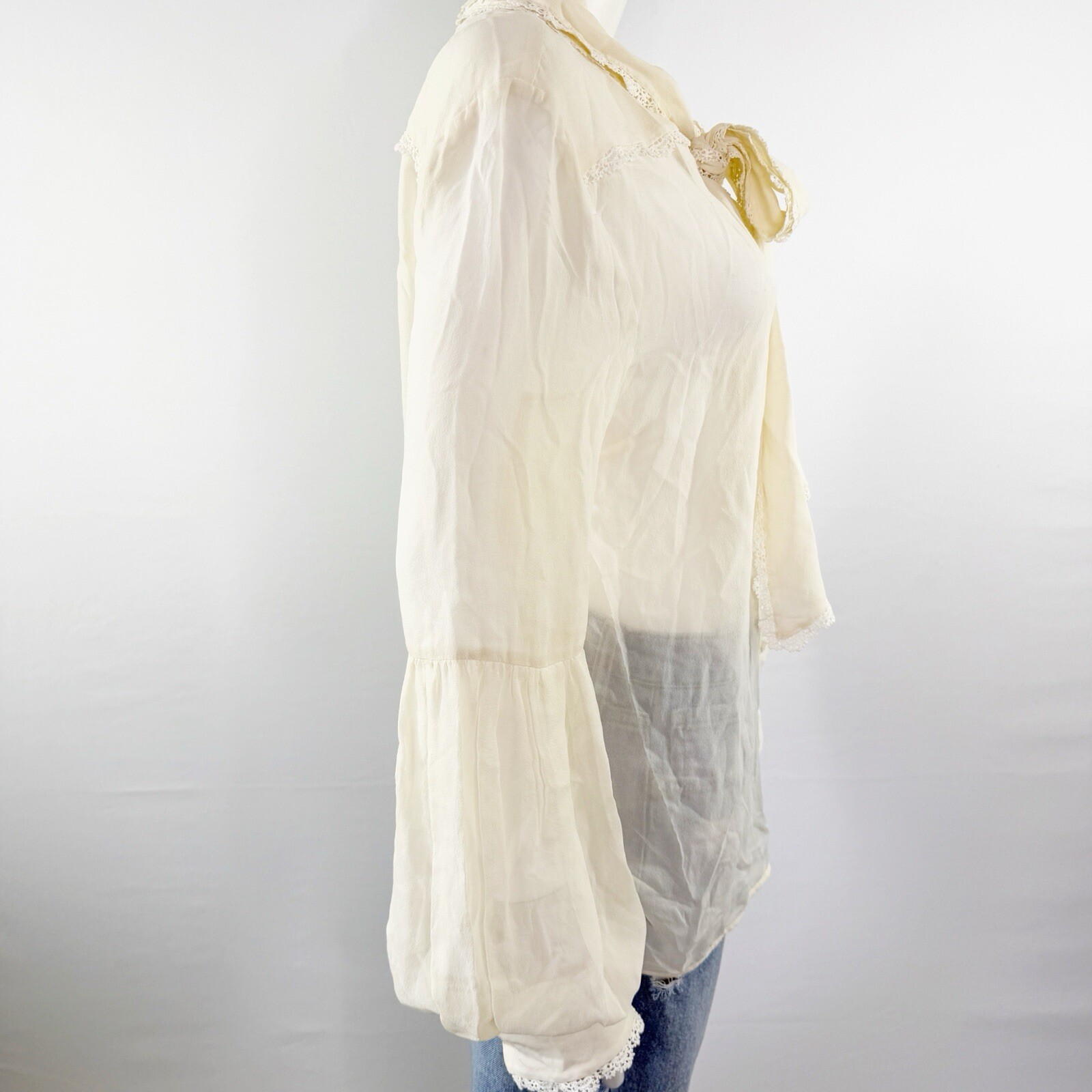 Pinko Ivory Sheer Silk Long Sleeve Blouse Crochet Lace Hem Womens 8