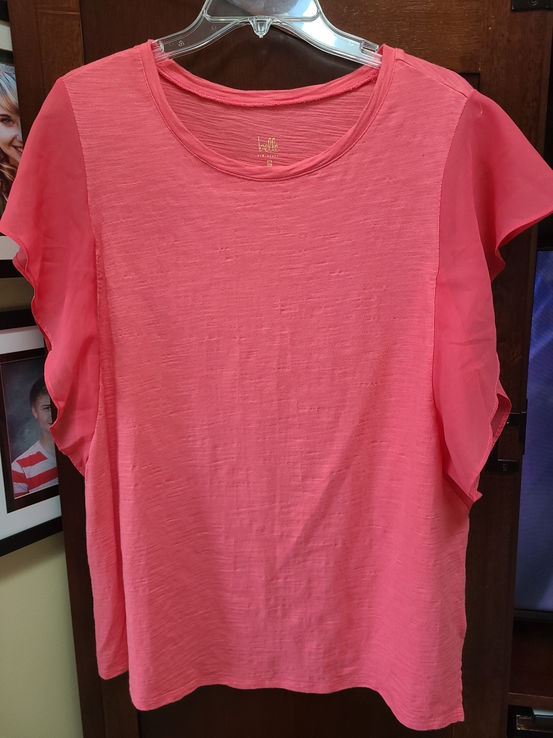 Belle Kim Gravel Coral Knit Top Chiffon Trim 1X