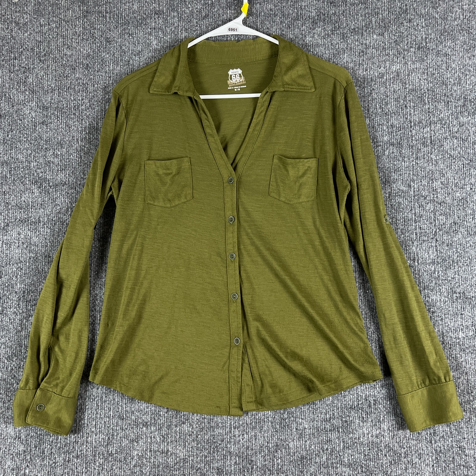 Route 66 Shirt Womens Medium Olive Green Button Front Roll Tab Sleeves Pockets