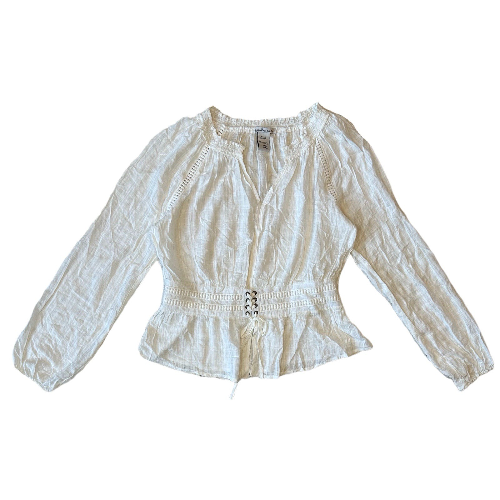 American Rag Cie White Textured Gauze Blouse Womens XXL Cottagecore Boho Smocked