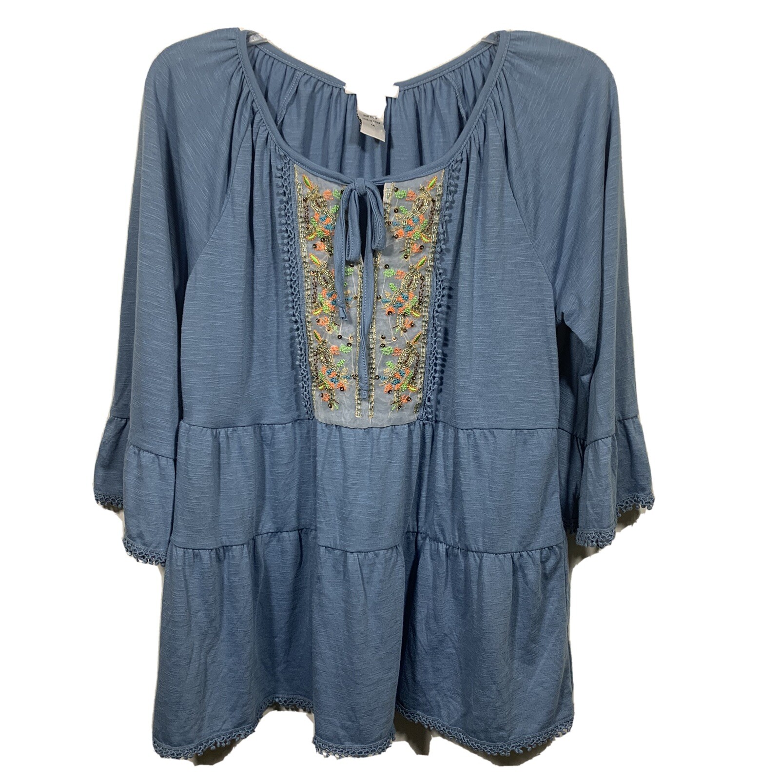 Isela Womans Embellished Top Hem Details Size Medium Blue Key Hole Tie Neckline