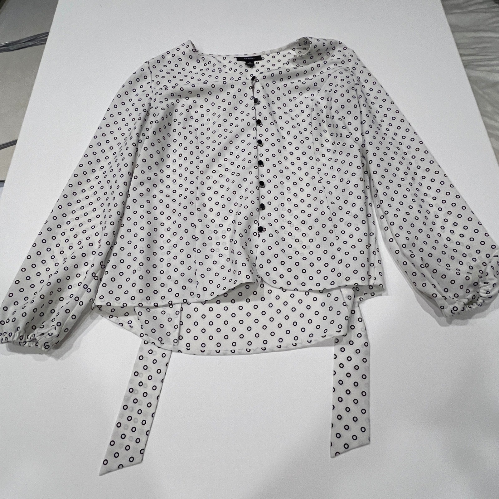 Alfani Blouse Women M Black White Circle Print Tie Waist Balloon Sleeve Mod