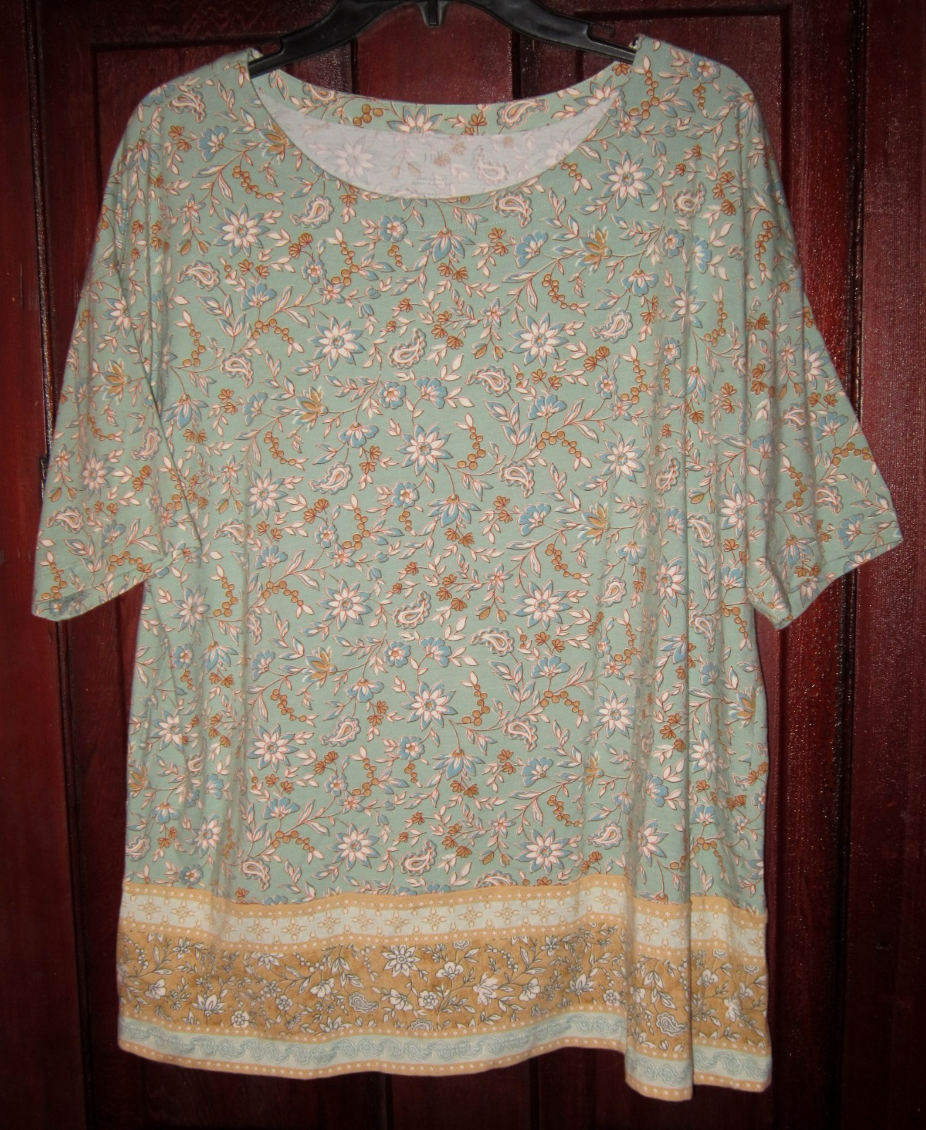 J. Jill L New Luxe Supima Elbow Sleeve Tee Shirt Knit Top Floral Paisley Green
