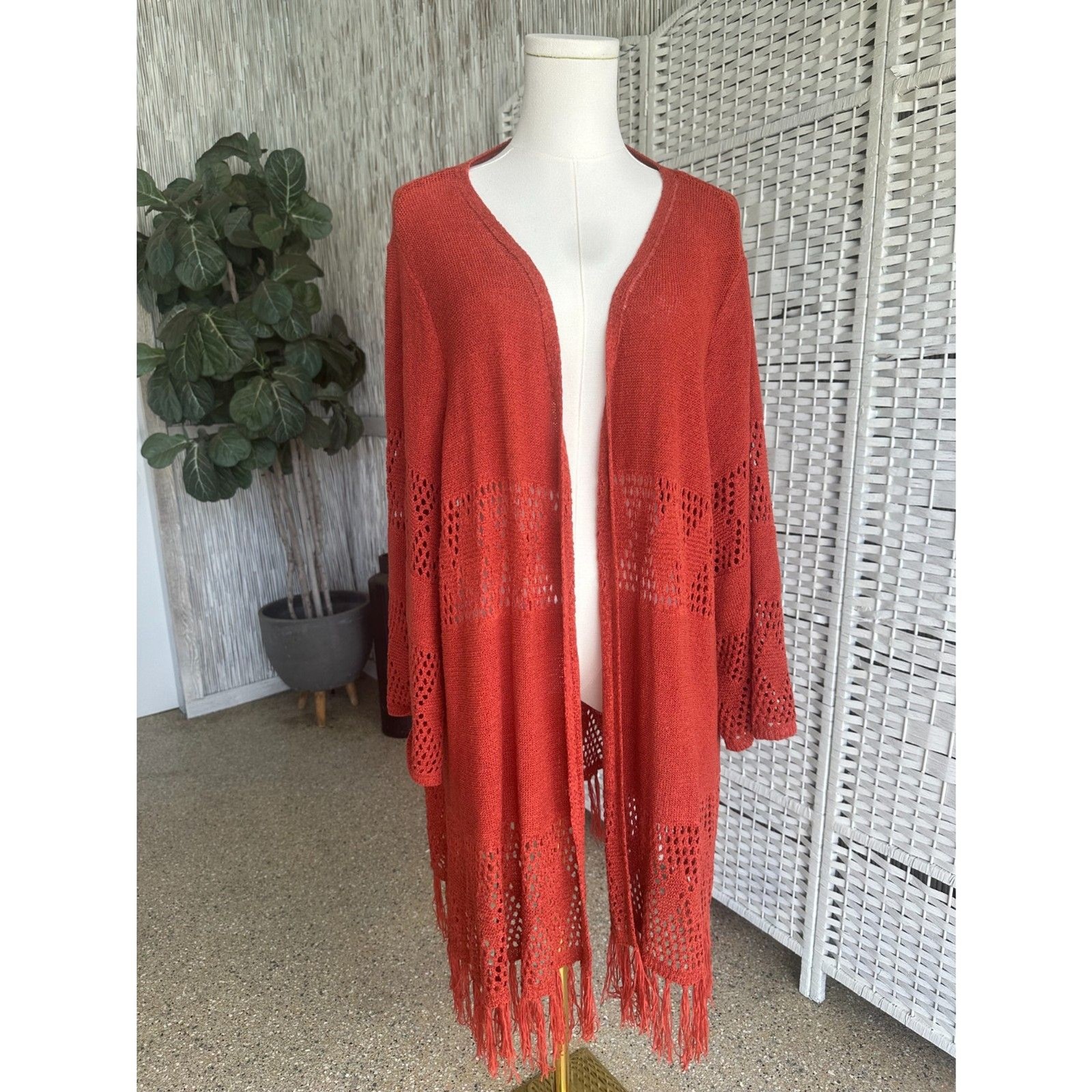Avenue Women’s Size 26/28 Burnt Red/Orange Fringe Boho Festival Over Shirt Cover
