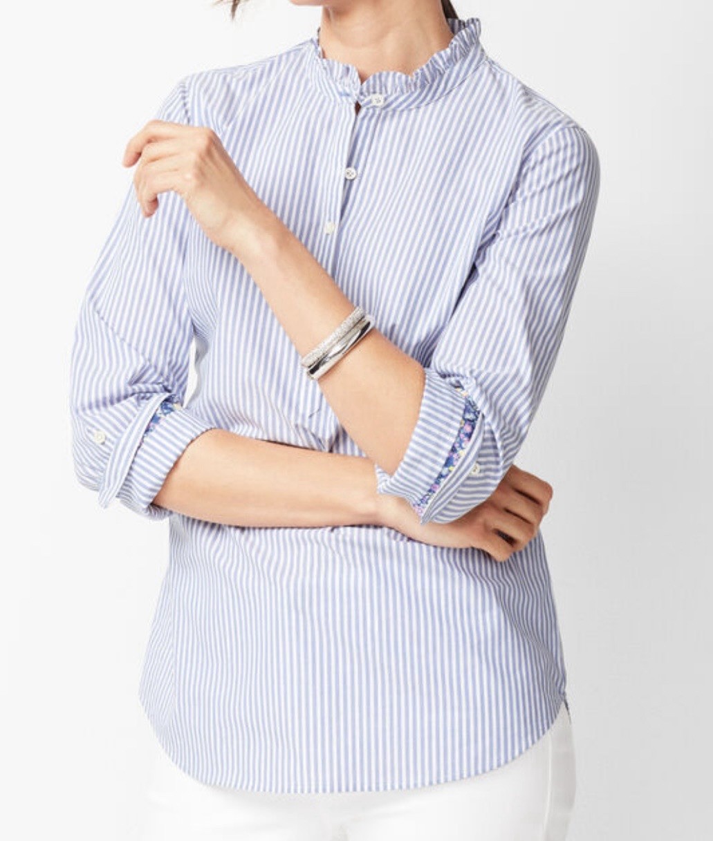 TALBOTS Blue & White Striped Coastal COTTON POPOVER Roll Tab Sleeves (L) NWOT