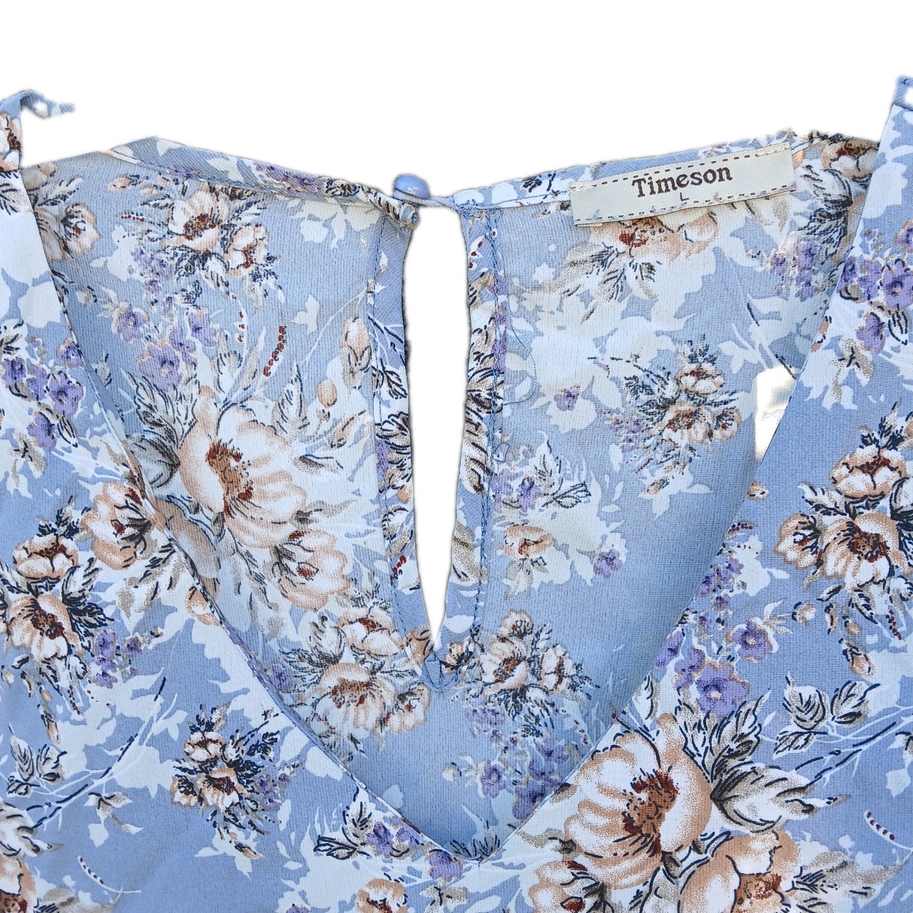 Timeson Blue Floral Chiffon Polyester Lightweight Button V-Neck 3/4 Blouse L
