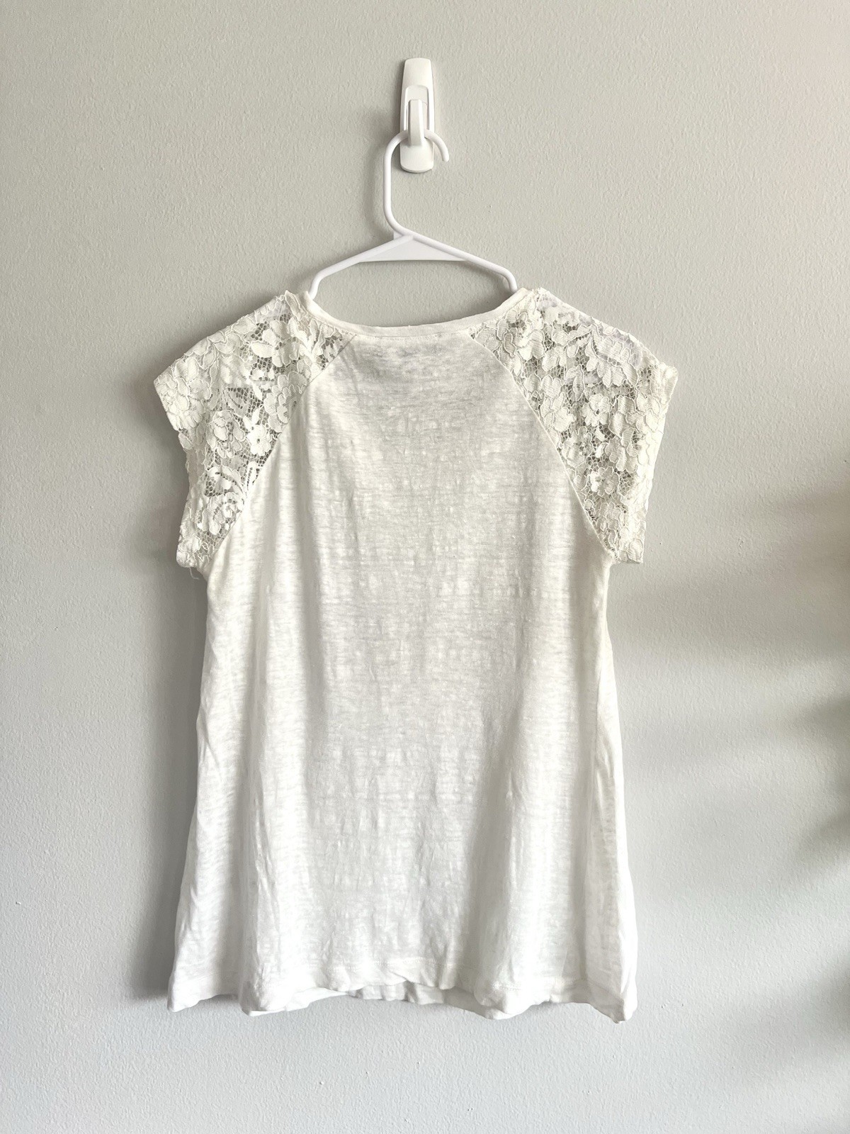 Context Women’s White Linen Lace Sleeve Scoop Neck Short Sleeve T-Shirt Sz M