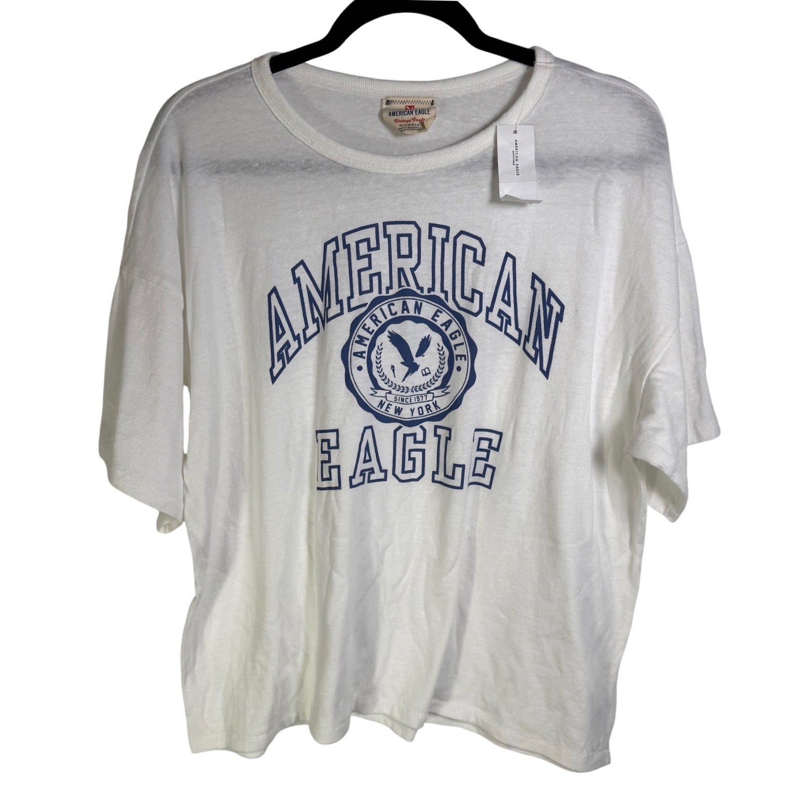 American Eagle Vintage Vault Graphic T-Shirt White Navy Blue Boxy XL NWT