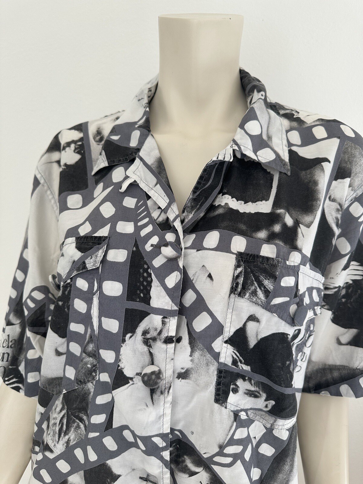 Moschino Photo Print Shirt 90s Film Collage Button Up Blouse Black White M L