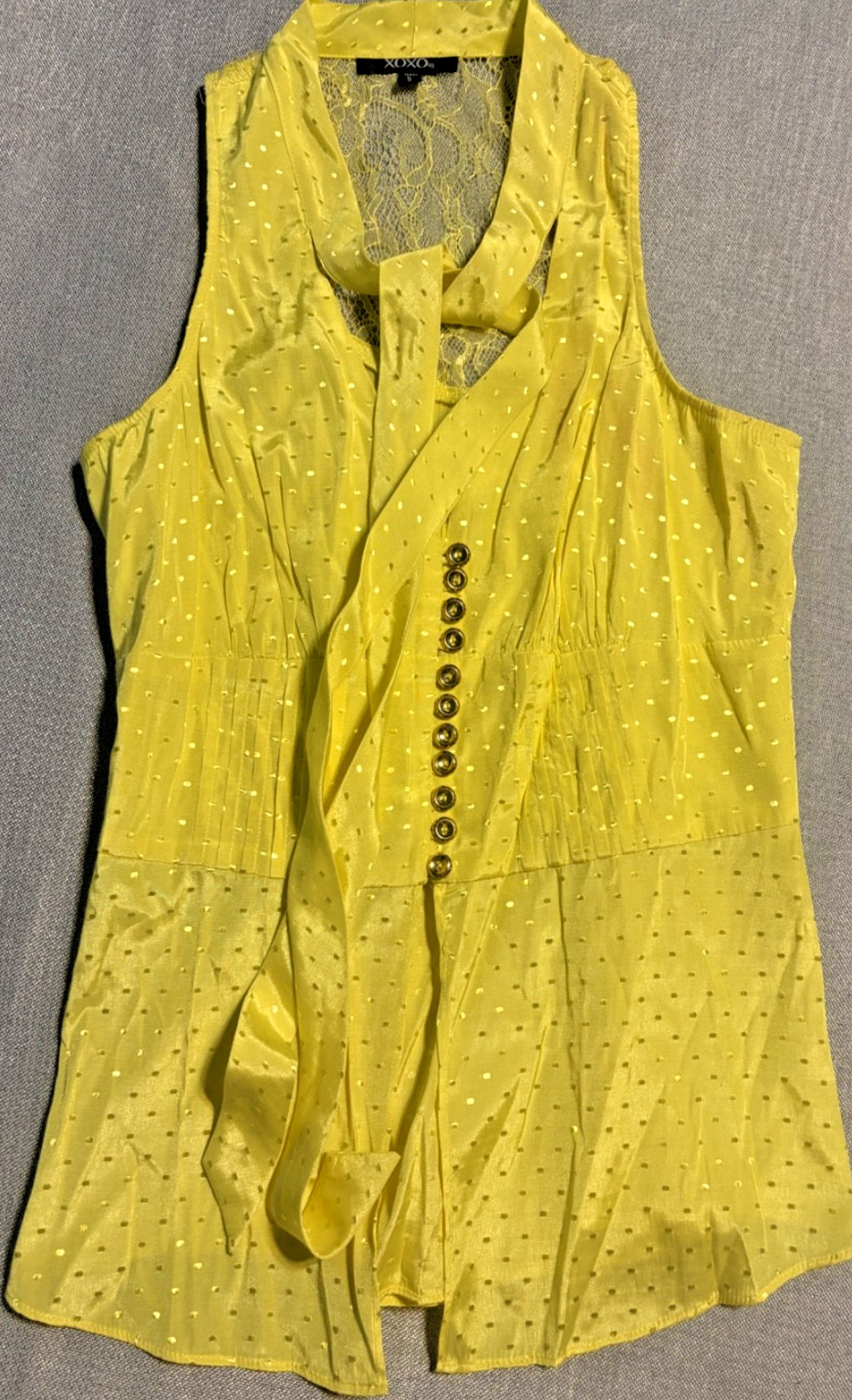 XOXO Vintage Y2K Yellow Gold Tone Button Smocked Lace Back Ascot Tie Tank Top S