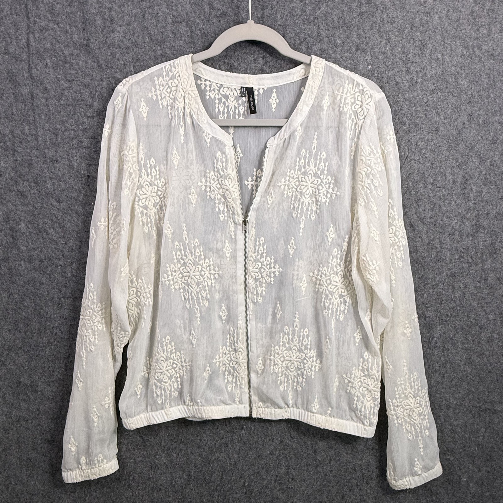 Maurices Women’s L Ivory Embroidered Full Zip Sheer Bomber Jacket Top