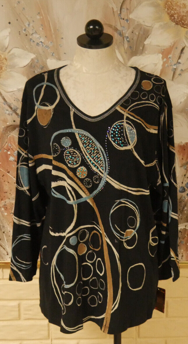 NWT SZ 3X FLOWER N RING GEOCIRLE TOP 3/4 SLEEVES BLACK/CIRCLES PULLOVER TOP