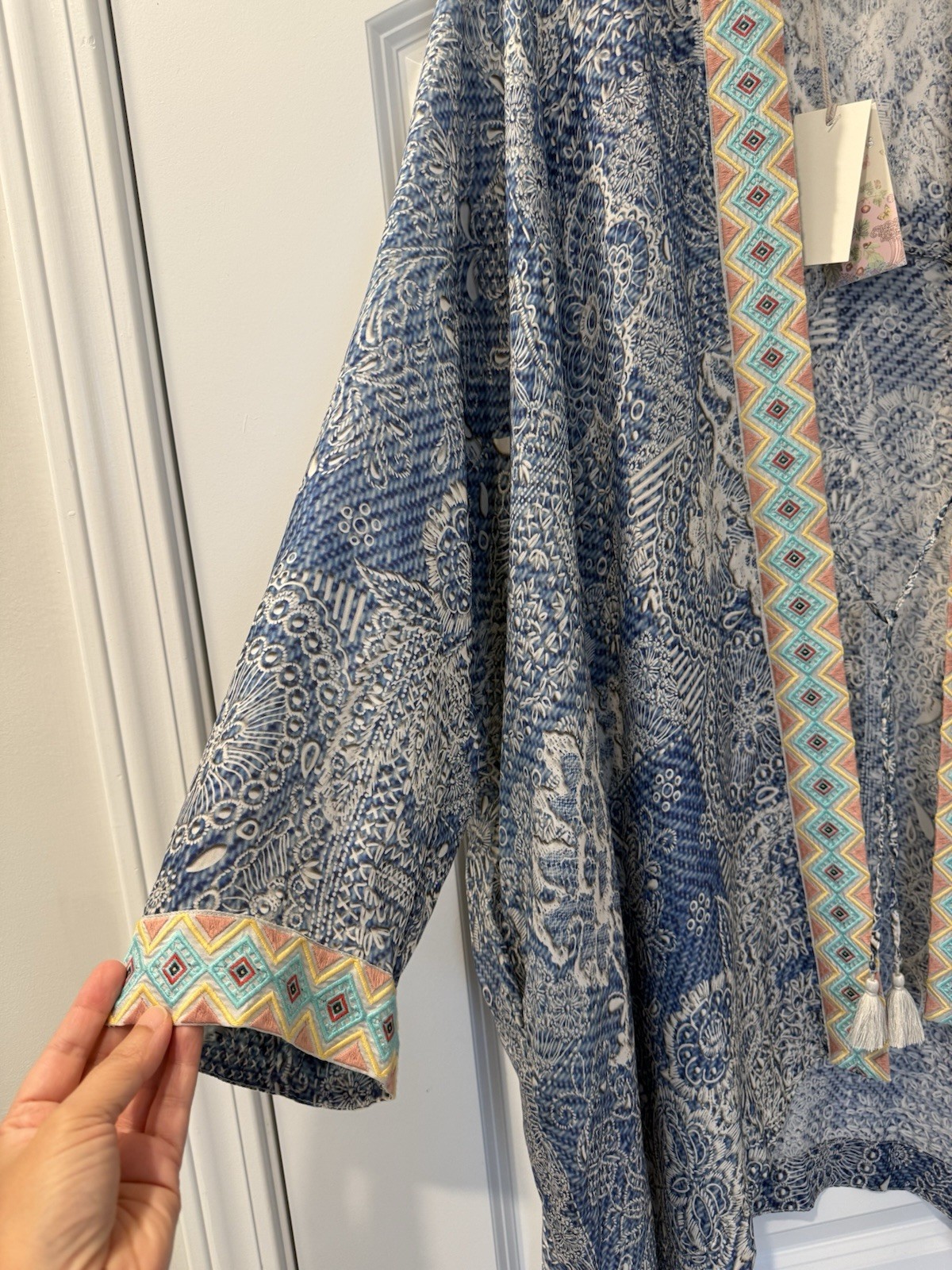 NWT Johnny Was Dolce Kimono 3D Denim Print Embroidered Pockets Blue XL New $318