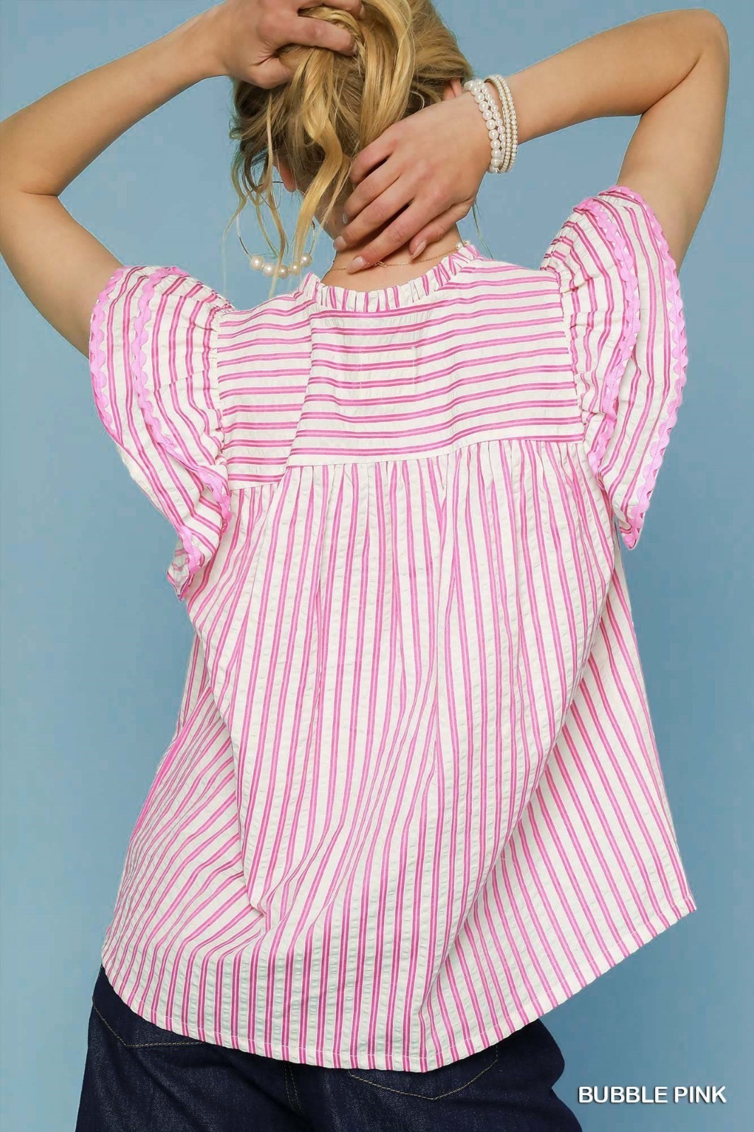 Umgee Pink Striped Top w/Smocked Yoke, Flutter Sleeves w/ Ric Rac Trim