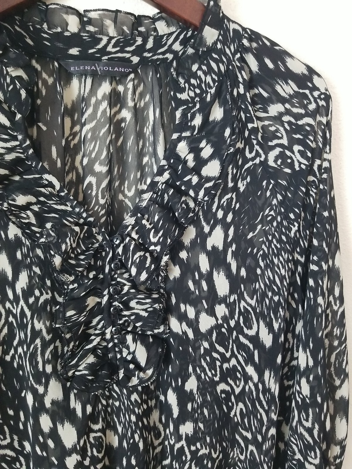 ELENA SOLANO Sheer Ruffle V Neck Printed Top Size L? Black Taupe Blouse