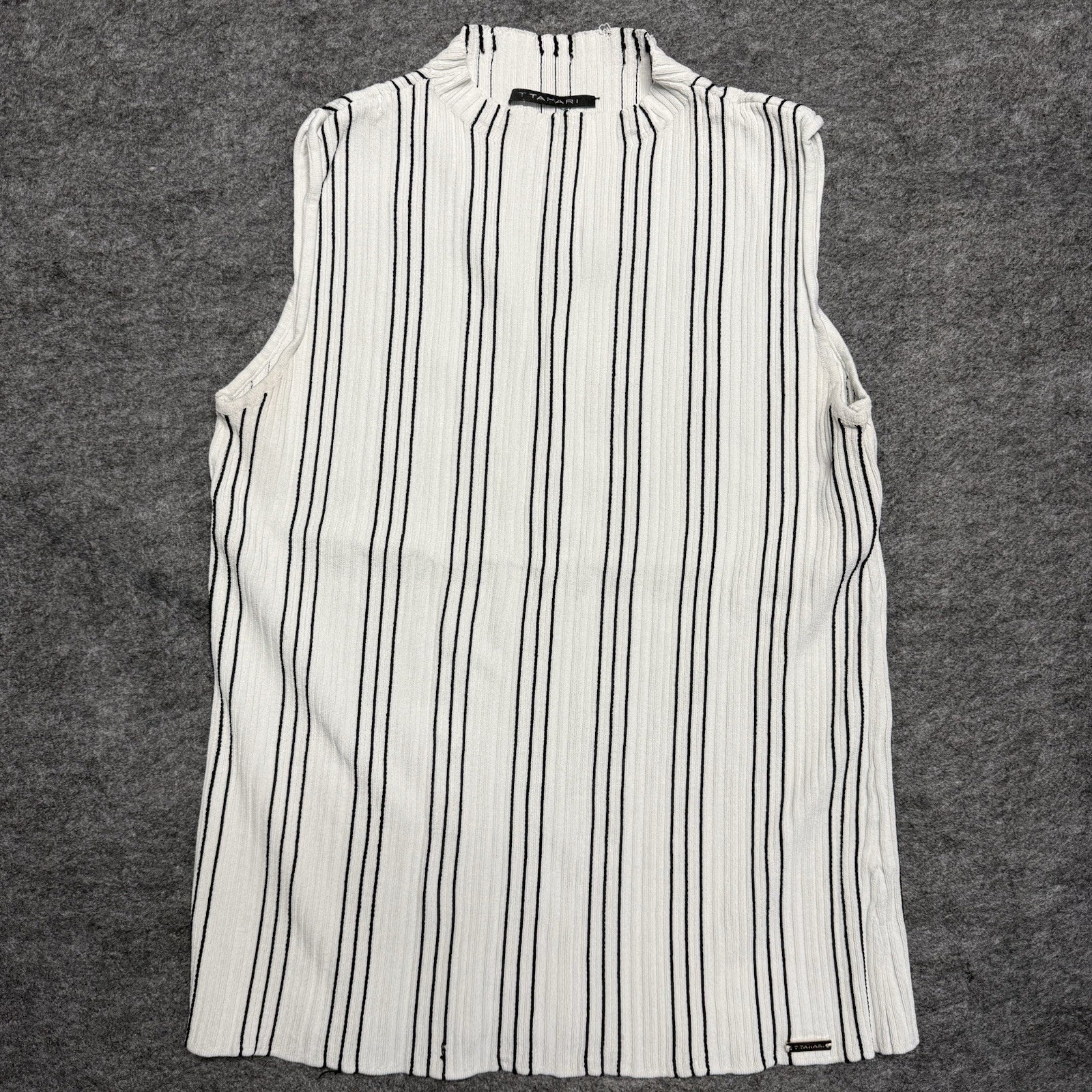 Tahari Women’s White Black Striped Mock Neck Sleeveless Ribbed Knit Top