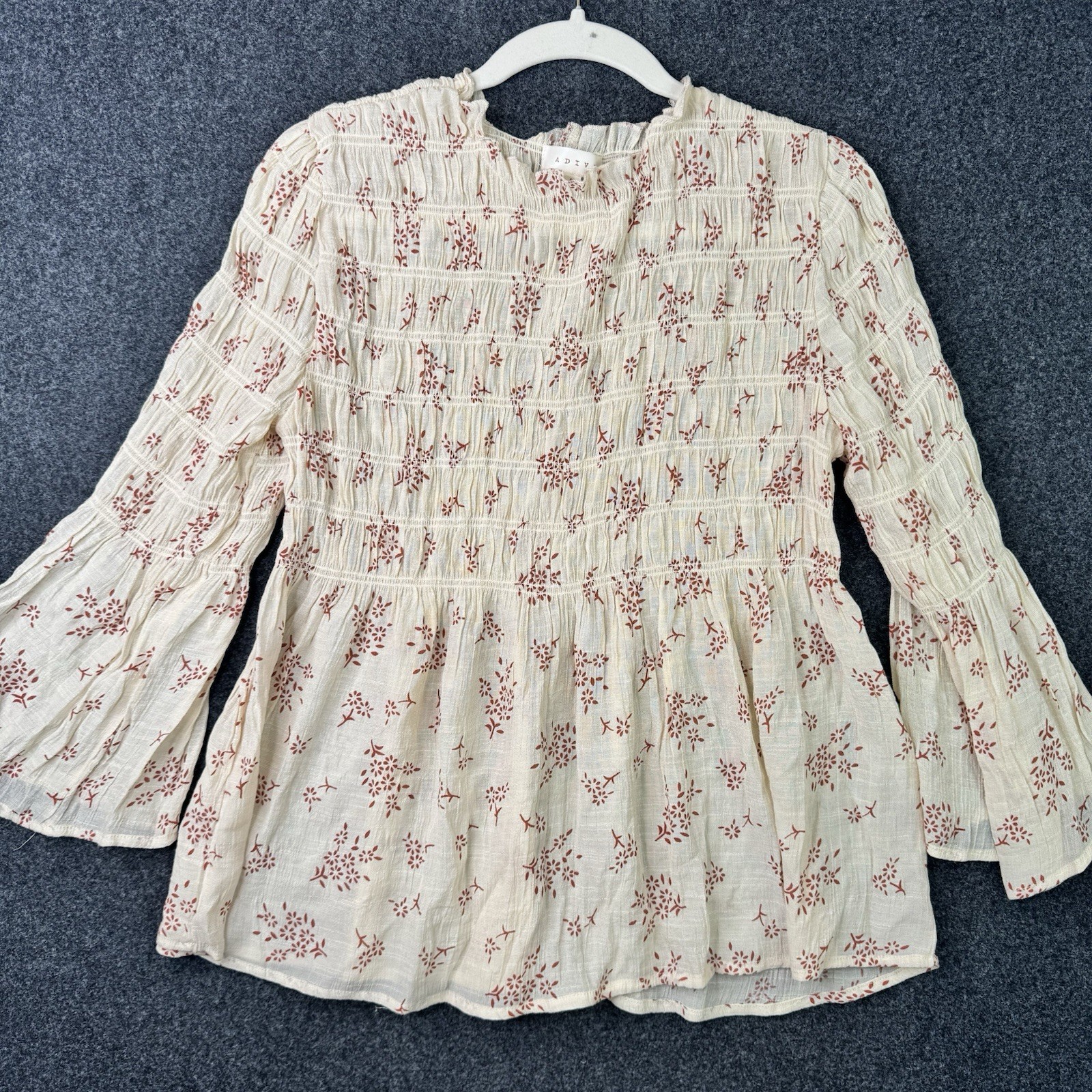Adiva Womens S Cream Rust Floral Smocked Peasant Blouse Bell Sleeve Boho Top