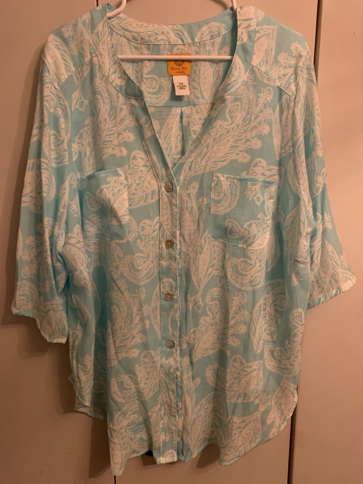 Ruby Rd Button Front Roll Tab Slv, Paisley Aqua White Tunic Beautiful 2x