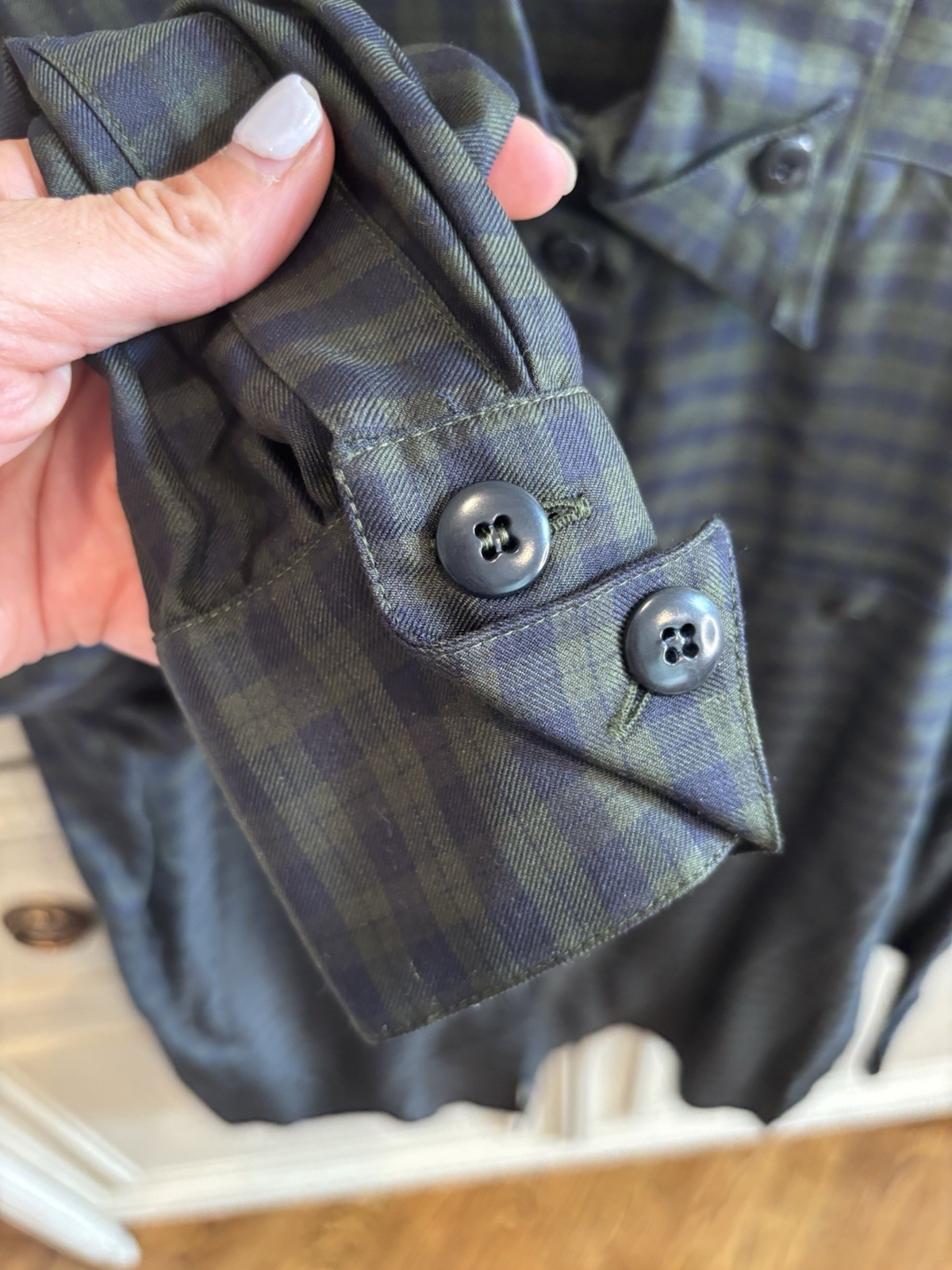 Escada Margaretha Ley Green Blue Plaid Button Up Long Sleeve Silk Blouse 34/4