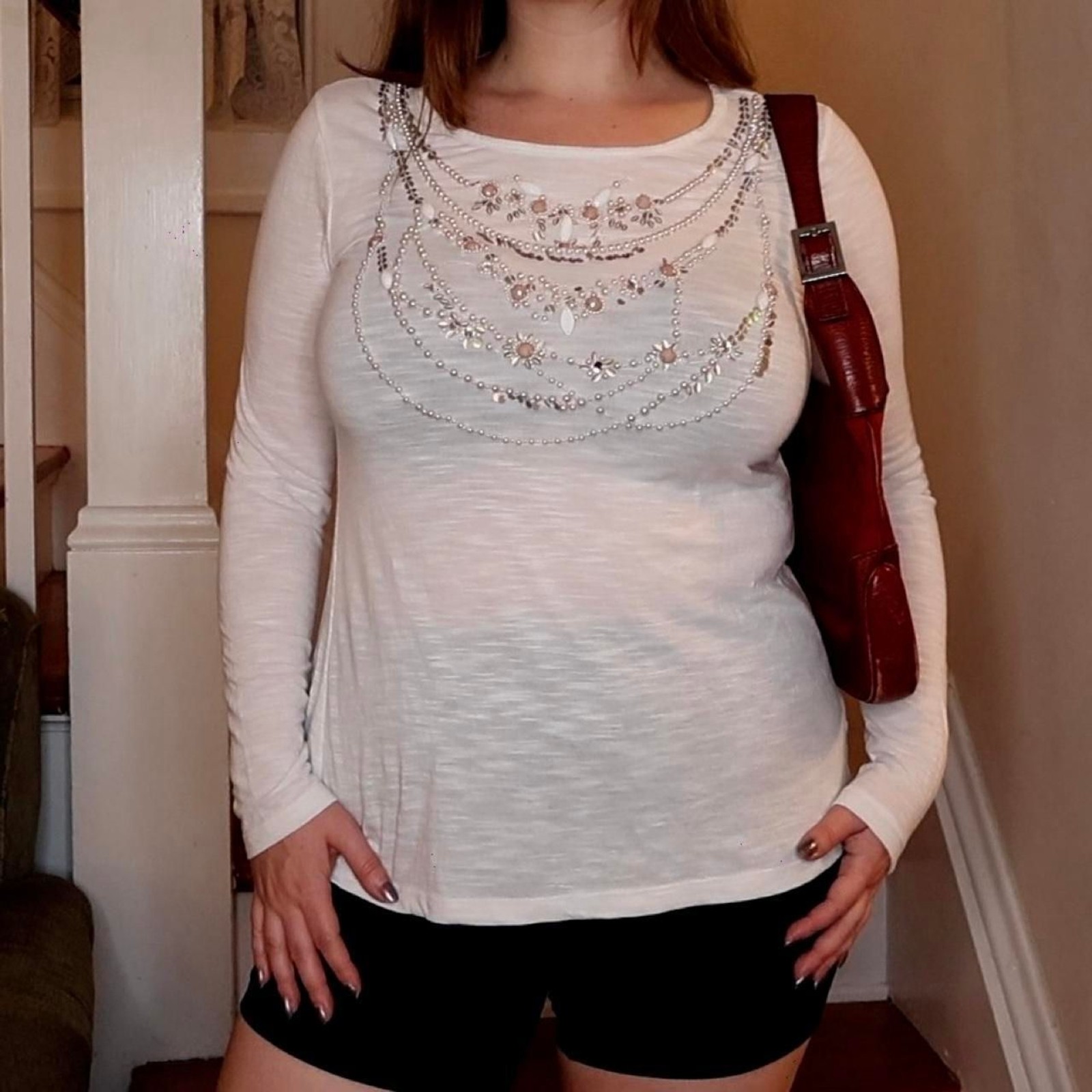 White Necklace Embellishment Long Sleeve Top Sz Medium Sequins Whimsigoth Y2K