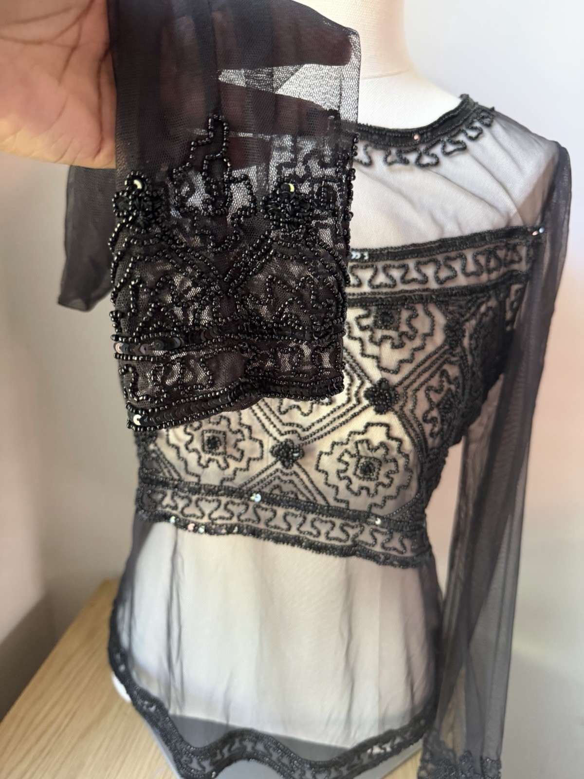 Vintage Y2K Goth Black Ornate Beaded Sequin Mesh Sheer Top Large