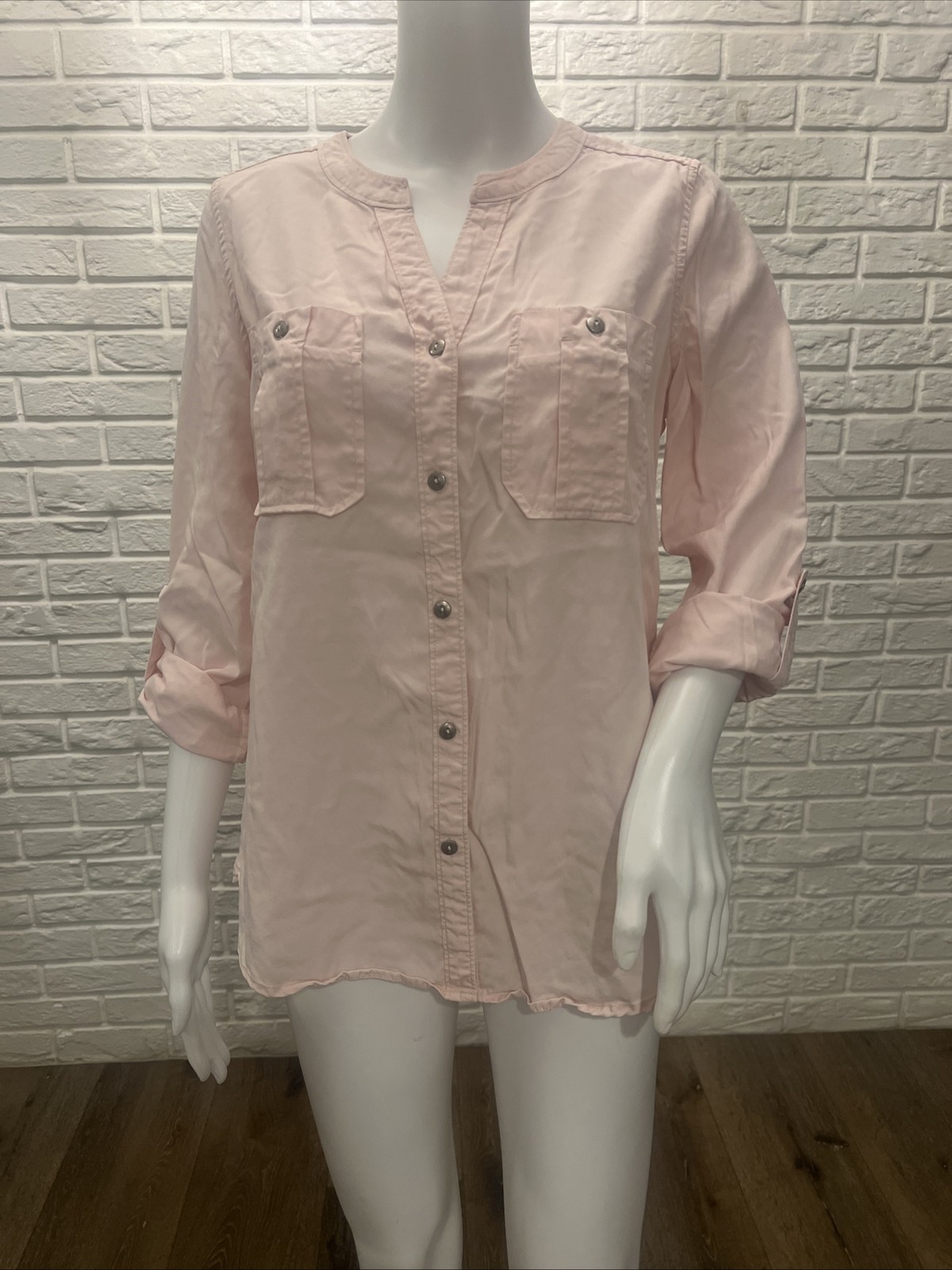 Intro ❤️ Collarless Button Front Lyocell Shirt Pale Pink Roll Tab Sleeve Size S