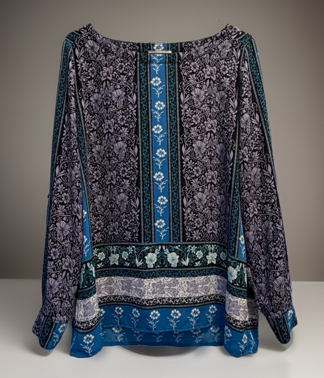 LOFT Top Blouse Sz S Floral Long Roll-Tab Sleeve Career Office Blue Purple