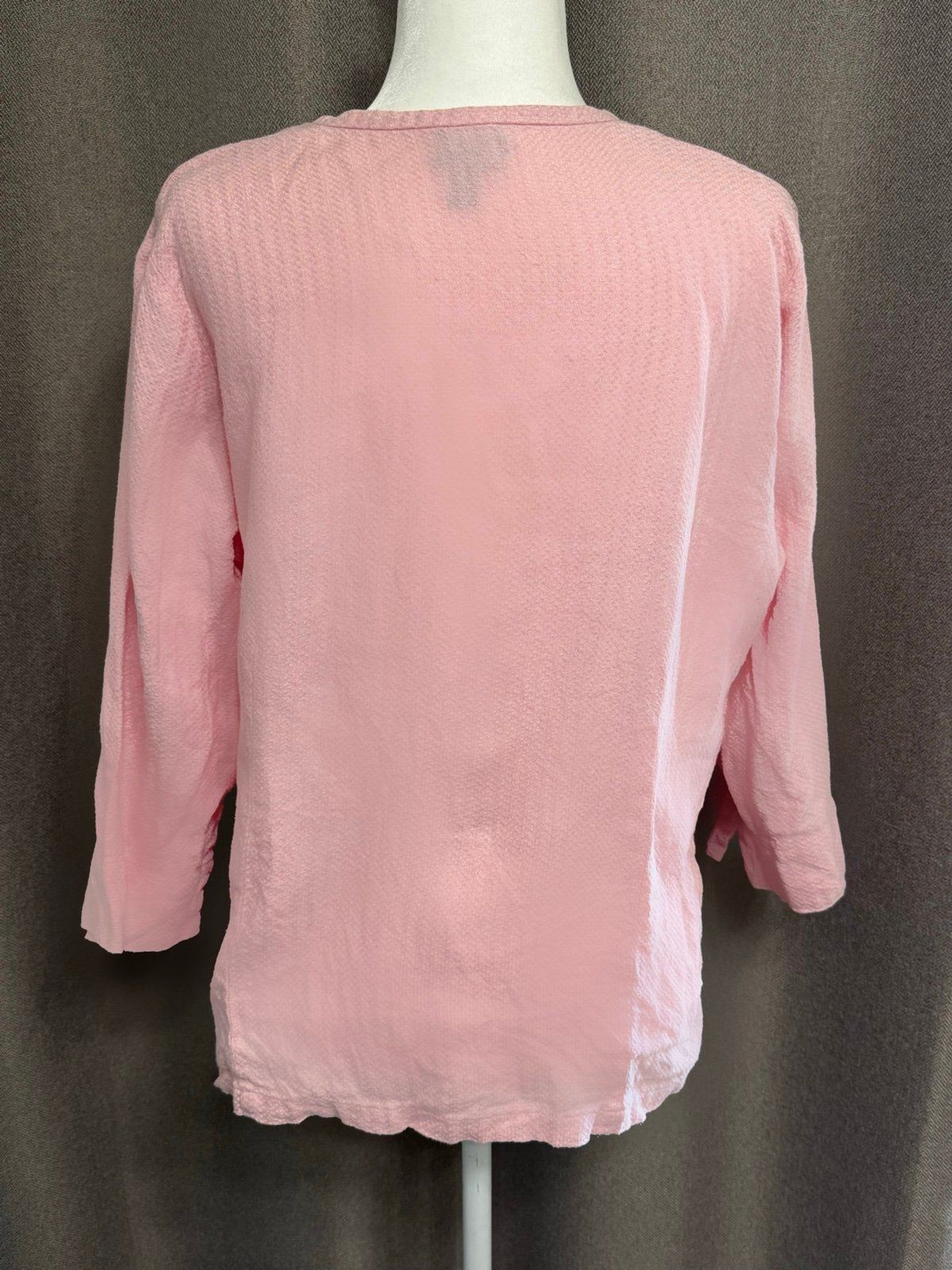 Eileen Fisher Pink 100% Linen Button up V-Neck Sz L 3/4 sleeve Top