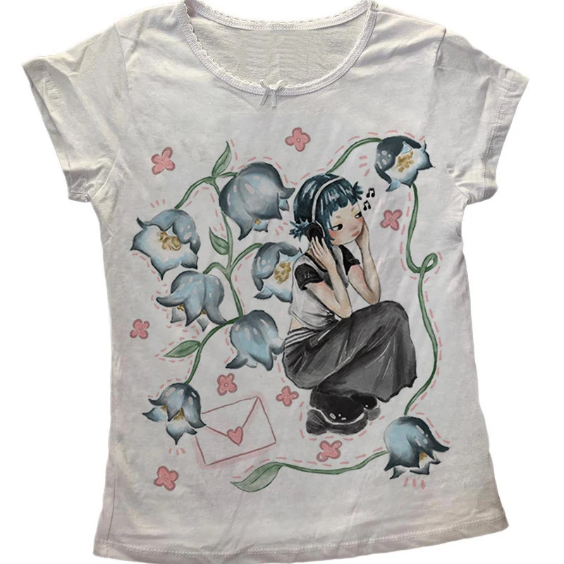 Women Y2K Korean Emo Aesthetic Summer Baby Tee Harajuku Crop Tops