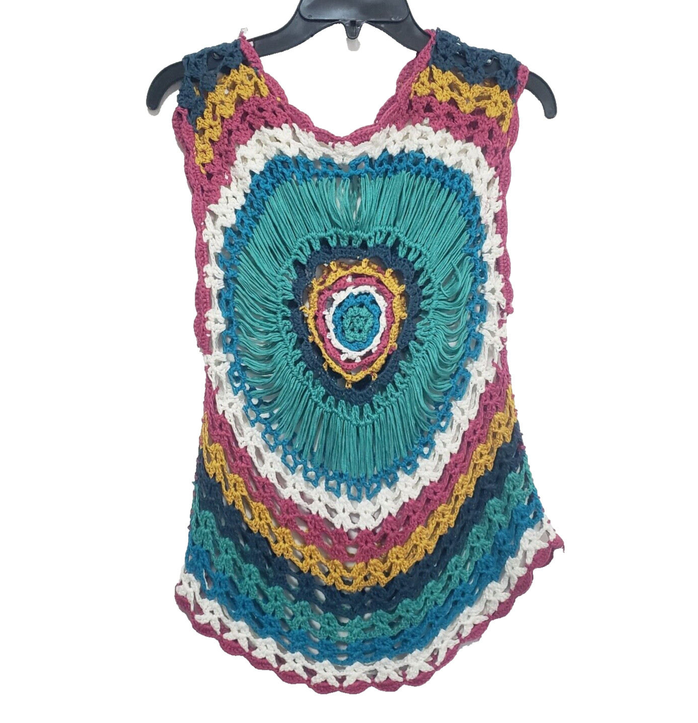 Womens Small Boho Crochet Mandala Fringe Top Festival Hippie Open Knit Colorful