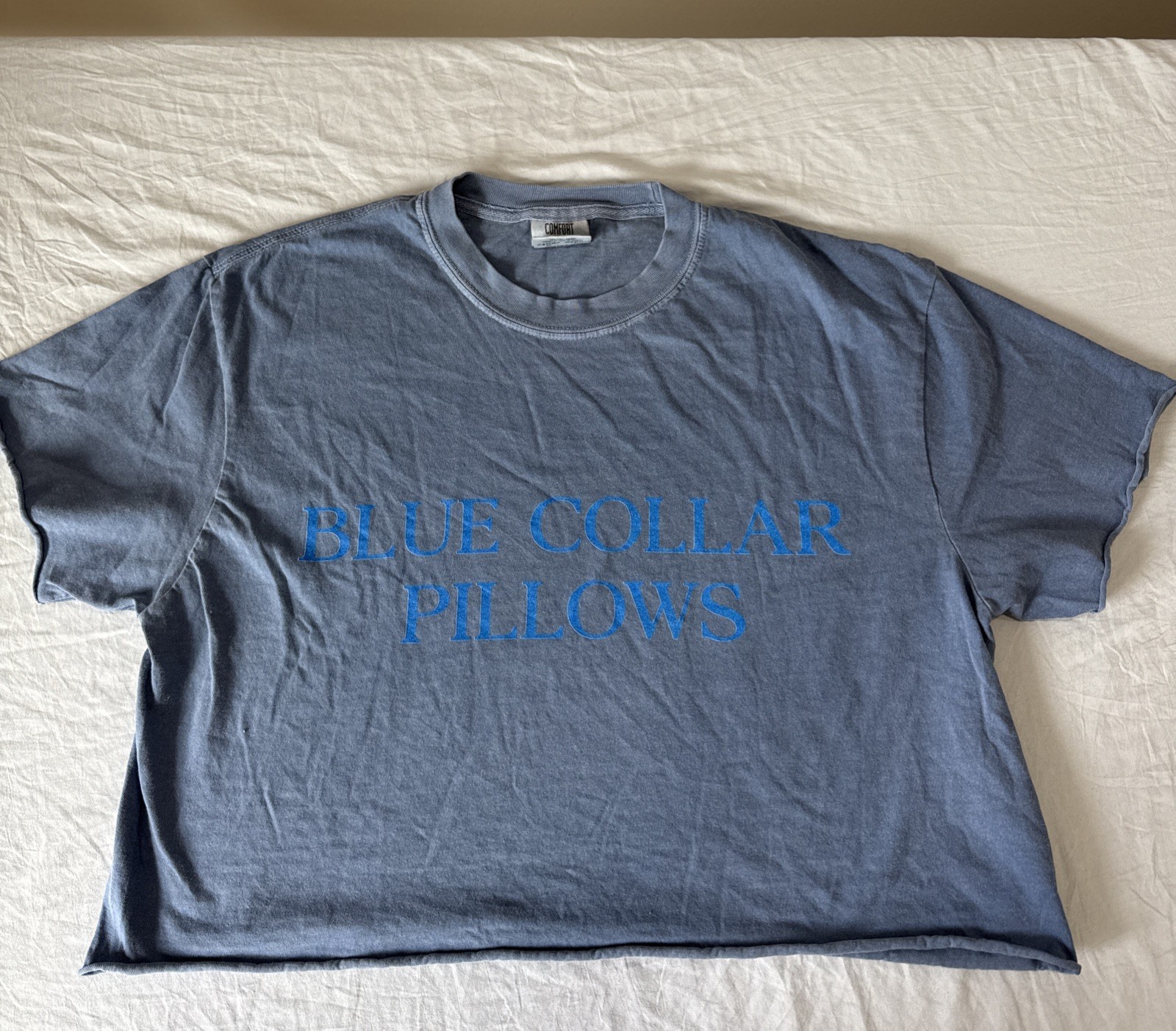 “Blue Collar Pillows” Funny Graphic Tshirt Large Cropped BluegrayComfort Colors