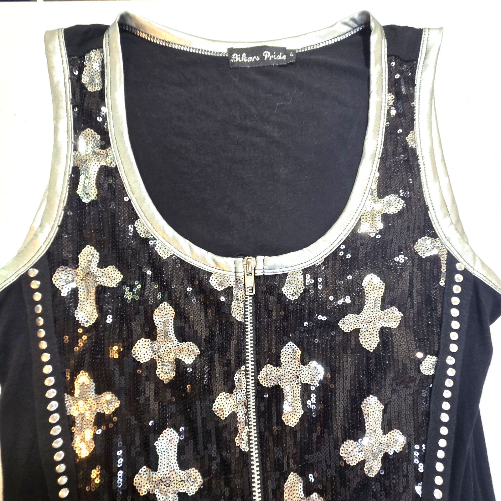 Bikers Pride Womens Black Sleeveless Zip Up Sequin Top w/ Crosses SIlver SZ L