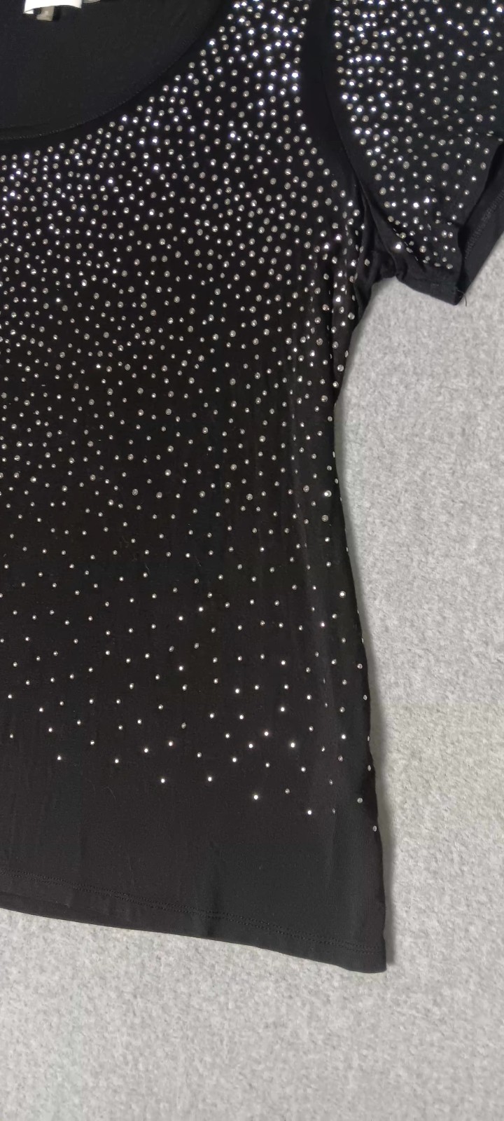 Calvin Klein Rhinestone Studded Short Sleeve Blouse 1X Black Silver Glam Party