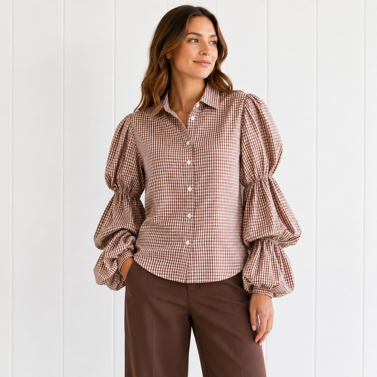 Gracia Gingham Top Puff Cut Out Sleeve Medium Brown Cream Tiered Picnic Preppy