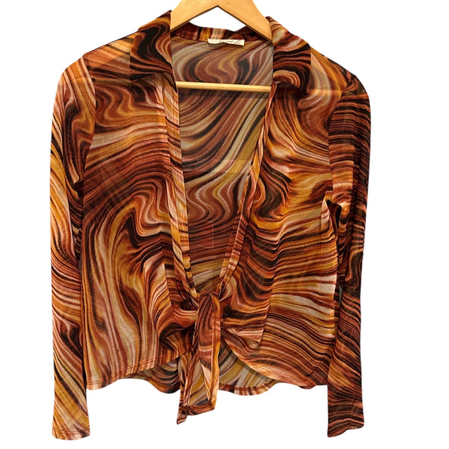 Timing Mesh Tie Front Marble Print Top Sz S Groovy Retro Festival Boho