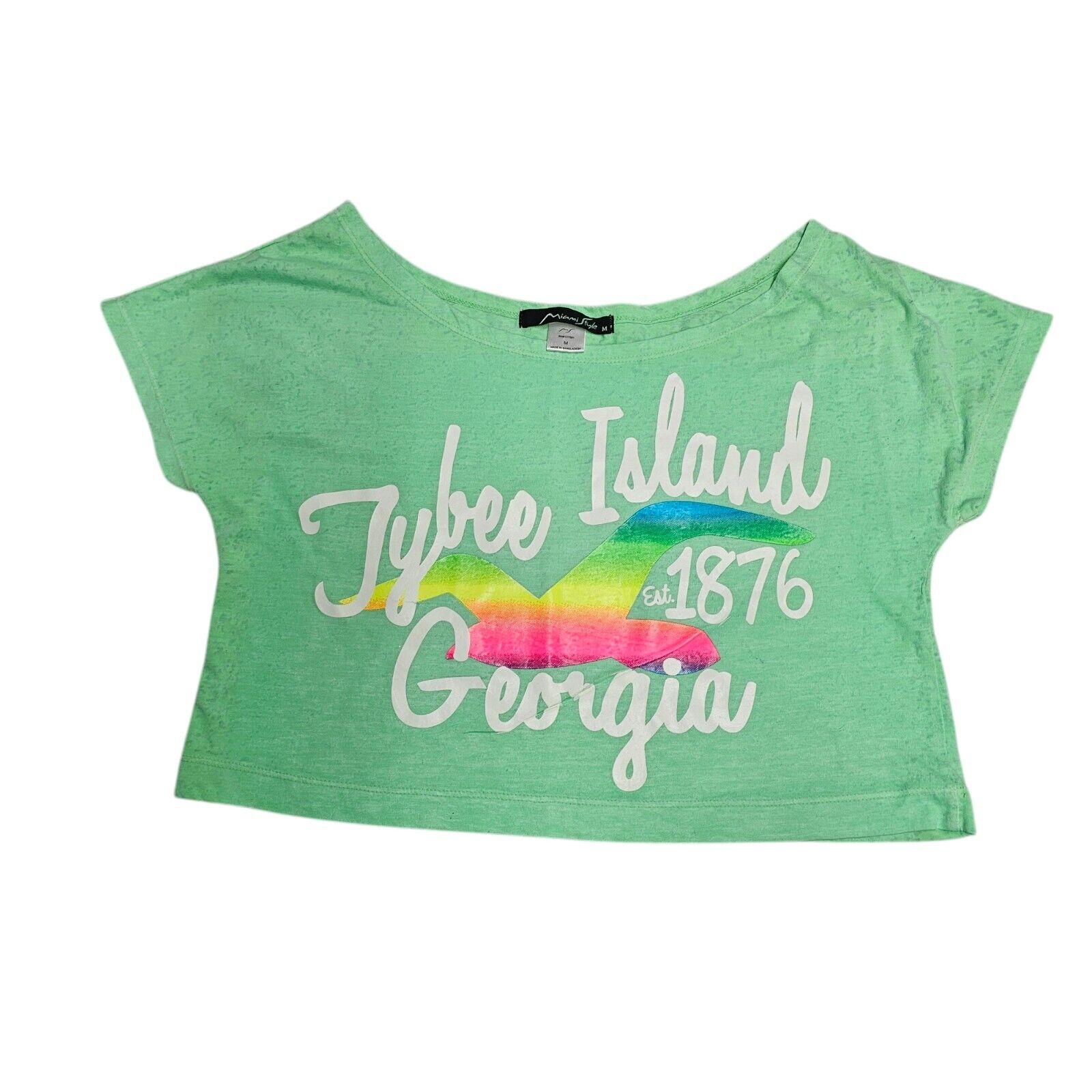 VTG 80s 90s Tybee Island Crop Top Tee Burnout Neon Rainbow Beach Vacation
