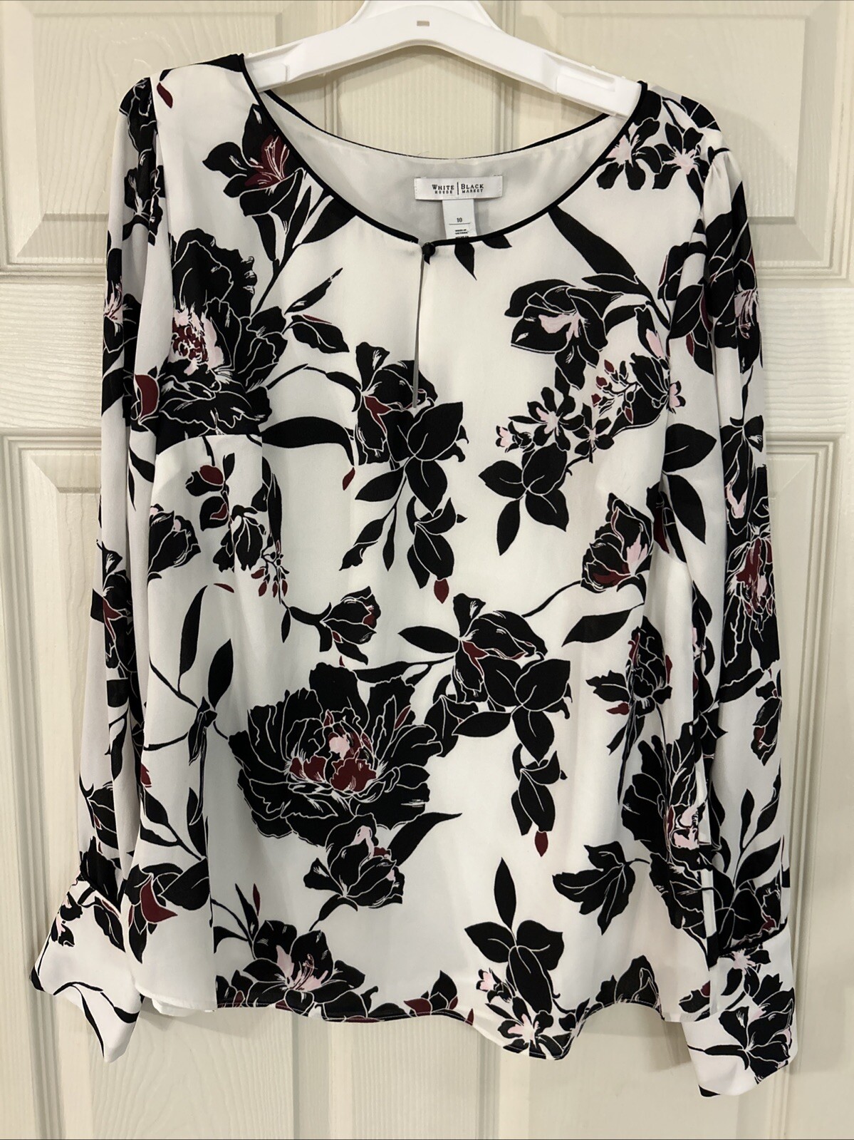 WHBM SZ 10 Top Floral Lined Long Balloon Sleeves Keyhole Round Neck Lightweight