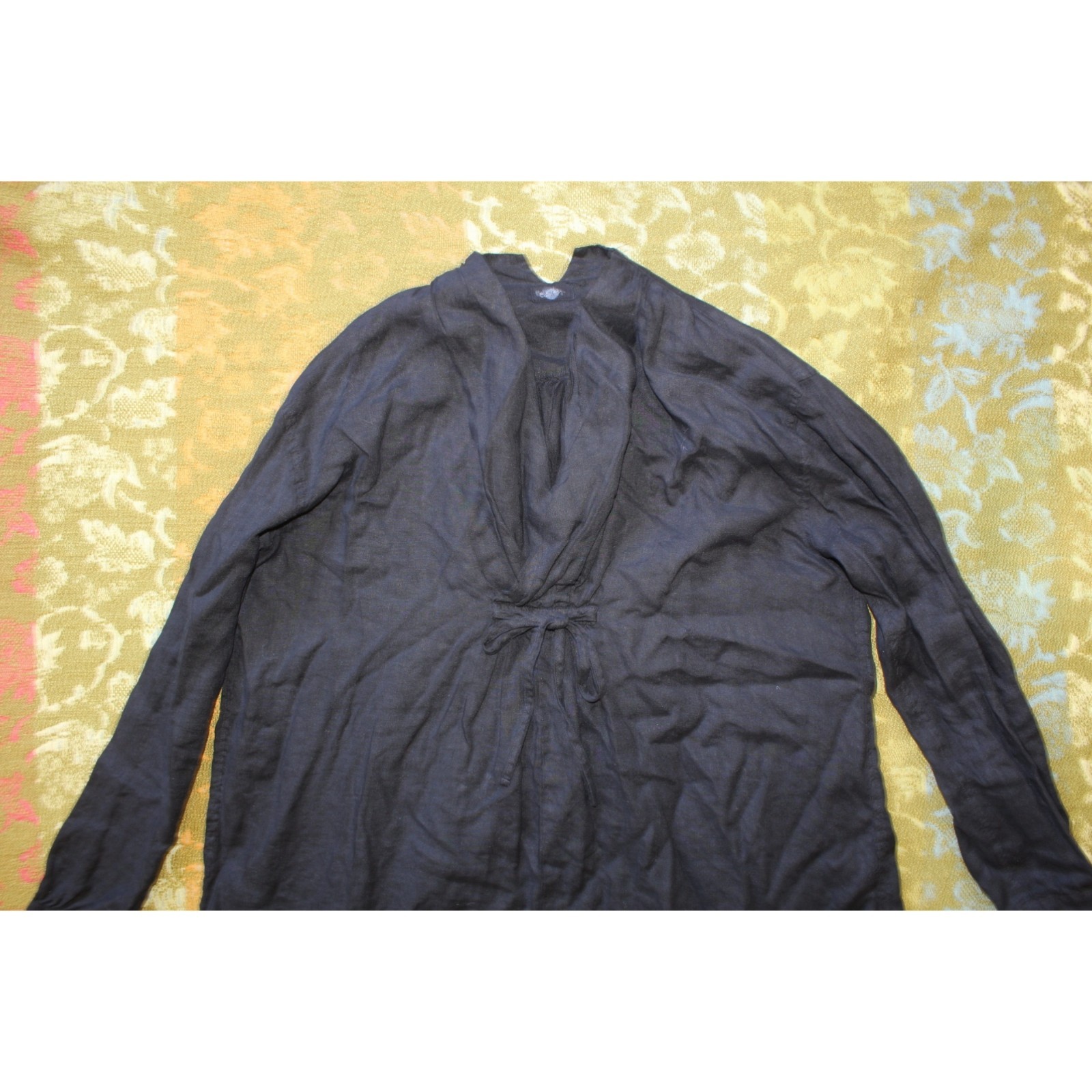 Earth Linen Tunic Top Black Small long-sleeve draped Cowl neckline Lagenlook