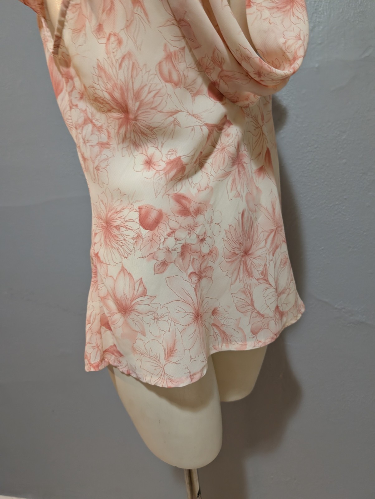 Vintage Cottage Core Top L Flower Print Pink White Deep Scoop Neck Flutter Fairy