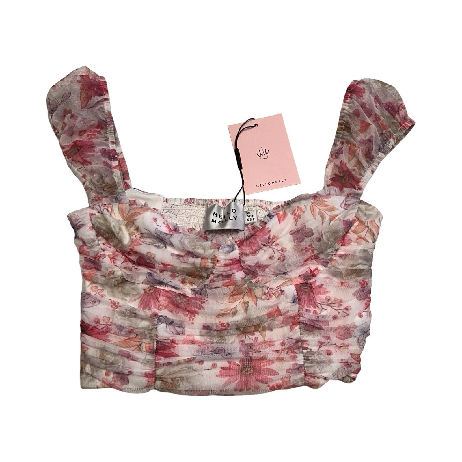 Hello Molly White Pink Floral Ruched Mesh Smocked Crop Top A04732 XS US 2 NEW